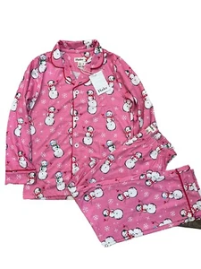 Hatley Girl's Happy Snow Snowman Pink Button Down Pajama Set, Size 8! - Picture 1 of 6