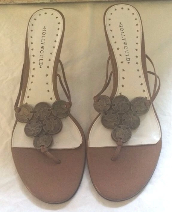 Hollywould Tan Leather Thong Sandals 3" Heel Metal Coin Embellishments Sz 9 1/2 - Image 1 of 4