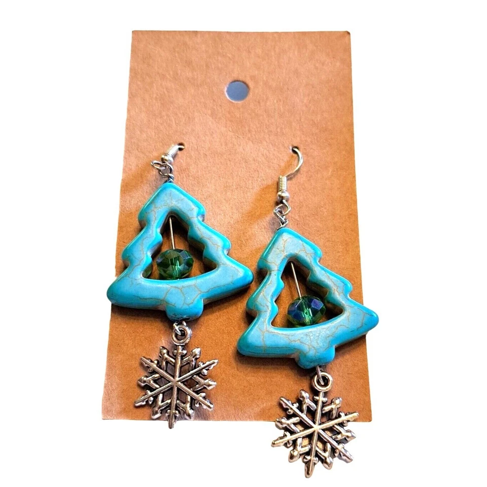 Pendientes artesanales de árbol de Navidad tono plata azul verde cristal vacaciones copo de nieve Foto 1 de 1