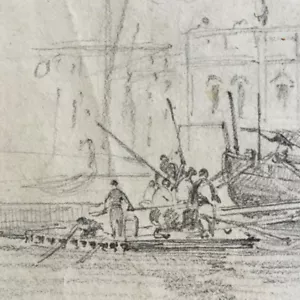 Scène de port en Italie avec machinerie — mine de plomb — 28,5 x 22 cm. - Bild 1 von 4