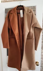 Boohoo Size Coat Uk 12 Colour Block Long Wool Look Mocha Lined Pockets Oversized - Picture 1 of 14