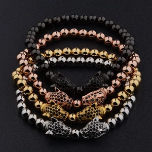Fashion Men's Rhodium Plated Zircon Panther Leopard Head Beaded Bracelets Gifts - Picture 1 of 34