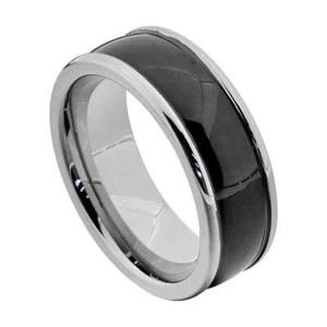 8mm Dome Center Black Tungsten Carbide Shiny Edge Ring Men Wedding Band - Picture 1 of 8