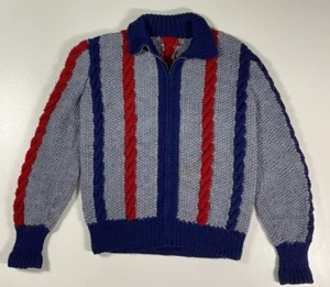 Vintage Cable Knit Zip Up Cardigan Sz Youth M Striped Hand Knit Talon Zipper 70s - Picture 1 of 9