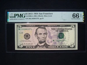 $5 Federal Reserve Note Series 2013 FR1996-L San Francisco MLL Block - Picture 1 of 2