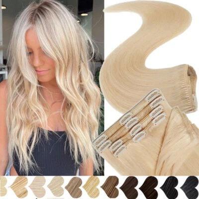 UK 8-24inch Clip in 100% Real Remy Human Hair Extensions 8Pieces Weft Full Head - Image 1 of 4