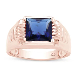 Mens Solitair Band Ring Princess Simulated Blue Sapphire 14K Gold Plated Silver - Picture 1 of 29