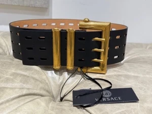 Authentischer neuer Versace breiter schwarzer Ledergürtel mit Cut-Outs Größe 65/26 - Bild 1 von 10