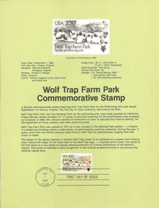 #8229 20c Wolf Trap Farm Park Stamp Scott #2018  USPS Souvenir Page - Picture 1 of 1