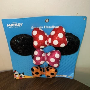 Disney Minnie Mouse Ear Headband Set With Detachable Sequin Bows Extra Bows- NEW - Picture 1 of 2