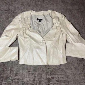 Bebe Cropped Leather Jacket Size S Shiny Cream with Floral Design on Back Tan - Picture 1 of 10
