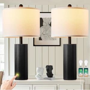24.5" Black Touch Lamps Set of 2, Modern Living Room Table Lamps w USB C+A New! - Picture 1 of 8
