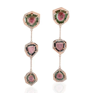 Tourmaline Dangle Earrings With Diamond For Women 18k Rose Gold Jewelry - Picture 1 of 7