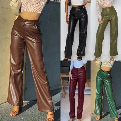 Women's High Waist FAUX Leather Pants Pocket Straight Legs Trousers Plus Size - Image 1 of 4