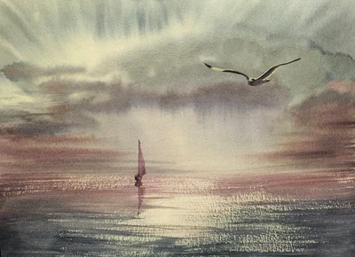 Original Painting Landscape Modern Artwork BIRDS SKY BOAT Art Seascape Signed A4 - Image 1 of 4