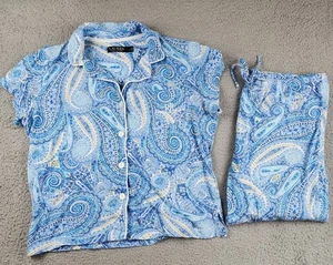 Lauren Ralph Lauren Pajama Set Womens L Blue Floral Black Label Crop Pants PJ - Picture 1 of 11