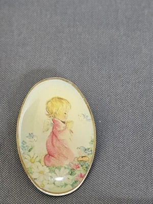 Vintage Angel Lapel Pin Praying Child Oval Made in USA Religious Brooch - Image 1 of 3