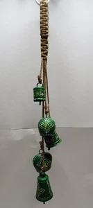 Green Metal Cow Bell Wind Chime 5 Bell Garden Braided Jute Hanger 26"L Farmhouse - Picture 1 of 14