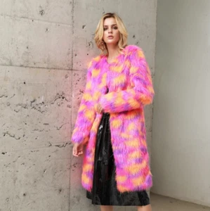 Pink & Orange Faux Fur Coat Festival Long Furry Bright Synthetic Fake Fur Jacket - Picture 1 of 8