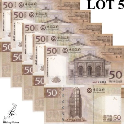 Macao Macao 50 Patacas 2008 P 110a UNC BOC AA Primer prefijo 1/20 Paquete LOTE 5 piezas Foto 1 de 2