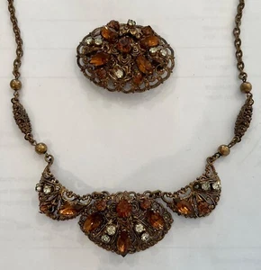 VINTAGE WESTERN GERMANY SMOKEY TOPAZ 16”NECKLACE  MATCHING BROOCH - Picture 1 of 13