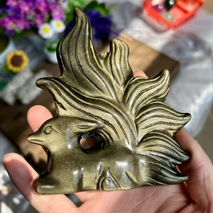 335g Natural Golden Obsidian HandCarved Nine-tailed Fox Crystal Reiki healing - Foto 1 di 6