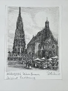 Vintage Original Nurnberg Schoner Brunnen Hand Pencil Signed Etching Print - Picture 1 of 5