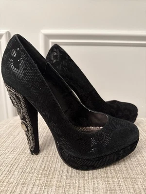 Naughty Monkey Entourage Platform Black Leather Bejeweled Heels Shoes 7 1/2 - Image 1 of 4