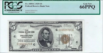 $5 1929 Small Size Federal Reserve Bank Note - Philadelphia  PCGS 66 PPQ - Image 1 of 2