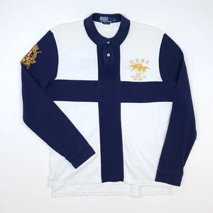 Camisa Polo Ralph Lauren Rugby Grande Manga Larga Cresta Ecuestre Blanca Azul Marino Cruzada - Imagen 1 de 14