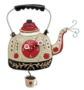 Allen Designs Tea Kettle Clock w Mug Pendulum Floral Polyresin 10”H Battery NIB - Picture 1 of 5