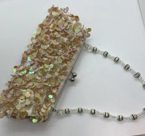 Sequin & Beaded Champagne Evening Bag Purse Silver Tone Closure Bling - Picture 1 of 10