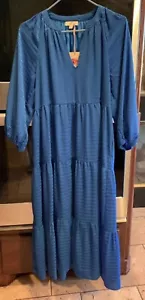 Abito Entro S M contadino a strati blu maniche a 3/4 midi boho zingaro nuovo con etichetta - Foto 1 di 6