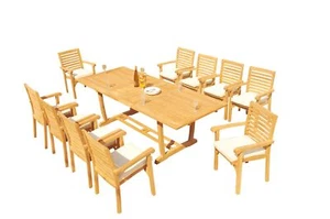 A-Grade Teak 11pc Dining 94 Mas Rectangle Table Hari Stacking Arm Chairs Set - Picture 1 of 4