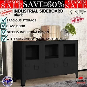 Industrial Sideboard Metal and Glass Buffet Storage Book Cabinet Compartment Blk - Picture 1 of 11