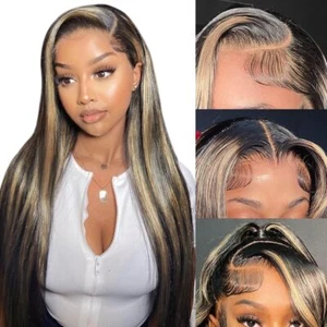 1B/27 Highlight Glatte Perücken Echthaar 13×4 Ombre Lace Front Perücken vorgezupft - Bild 1 von 6