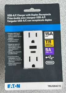 NEW Eaton Duplex Receptacle USB A & TYPE C Charger White 15A Tamper Resistant - Picture 1 of 9