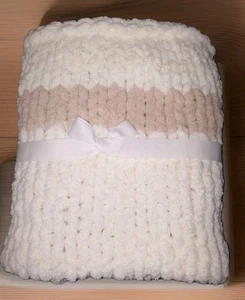 Chunky Chenille Soft Cozy White/Caramel Blanket 40x50 - Picture 1 of 3