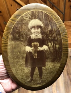 Antique Sepia Celluloid Photo Medallion Little Boy Or Girl Holding Teddy Bear - Picture 1 of 11