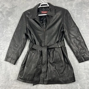 Damen Echt Leder Mantel Gr. Large schwarz Reißverschluss Gürtel gefüttert Taschen Goth Hexe - Bild 1 von 9