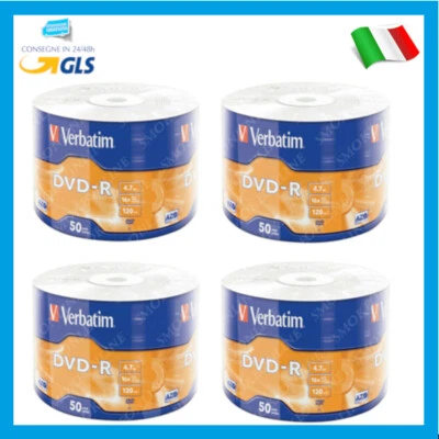 200 DVD-R 100% Verbatim DVD -R Matt Silver 4.7GB 16X vergini vuoti 120 min 43788