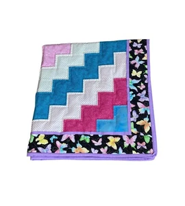 Amish Baby Quilt Hand Sewn Pink Aqua White Diamond Pattern Butterflies Border - Picture 1 of 5