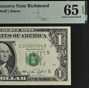 1974 $1 Richmond FRN PMG 65EPQ gem three digit low serial number 00000954 - Picture 1 of 3