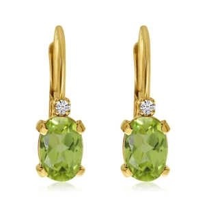 14k Yellow Gold Oval Peridot and Diamond Leverback Earrings - Picture 1 of 4