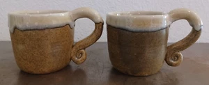 2 Handmade Ceramic Brown And Light Tan Cups 3.1" Width - Picture 1 of 18
