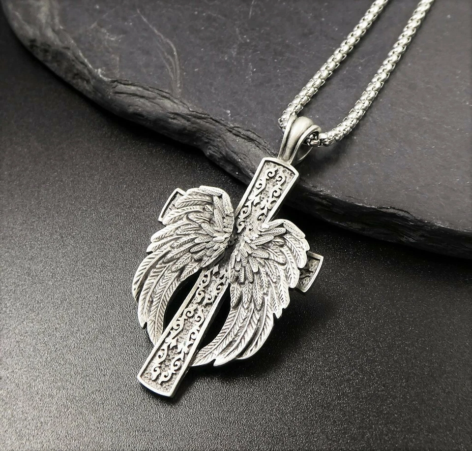 Antique Silver Tone Pewter Ornate Large Cross Angel Wings Pendant Men Necklace - Image 1 of 4