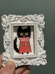 Gatto nero, umorismo, dipinto originale su carta, 3/3,5 miniatura, carino, incorniciato - Foto 1 di 6