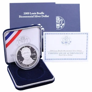 2009-P LOUIS BRAILLE BICENTENNIAL PROOF SILVER DOLLAR - BOX AND COA INCLUDED - Picture 1 of 8