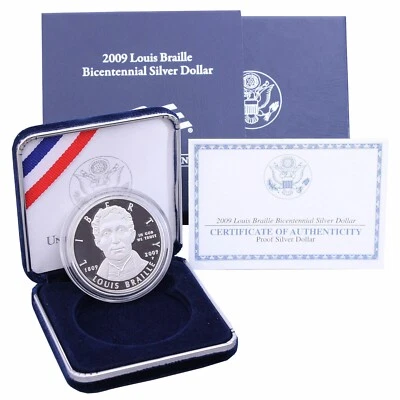 2009-P LOUIS BRAILLE BICENTENNIAL PROOF SILVER DOLLAR - BOX AND COA INCLUDED - Image 1 of 4