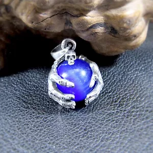 Solid 925 Sterling Silver Skull & Skeleton Hands Cat's Eye Quartz Sphere Pendant - Picture 1 of 10